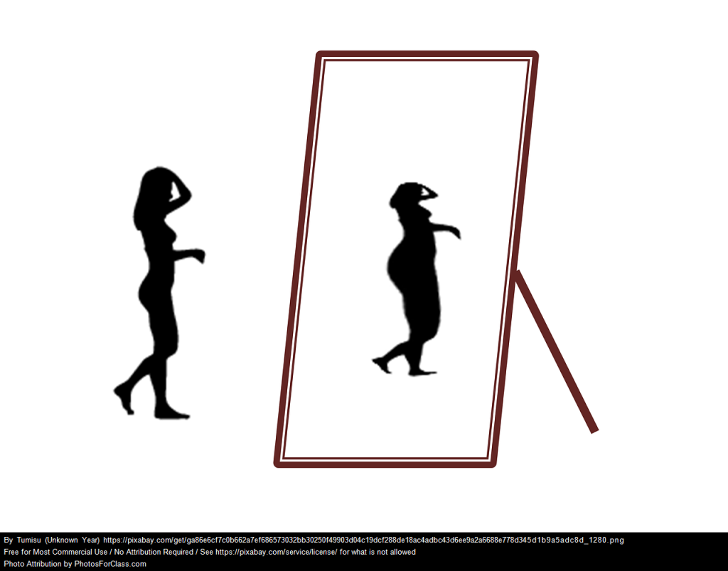 emotional disorder of anorexia with a thin woman looking into the mirror and seeing herself as fat