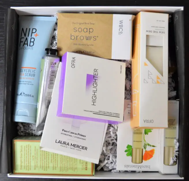Cohorted February 2023 Beauty Box products inside the original box