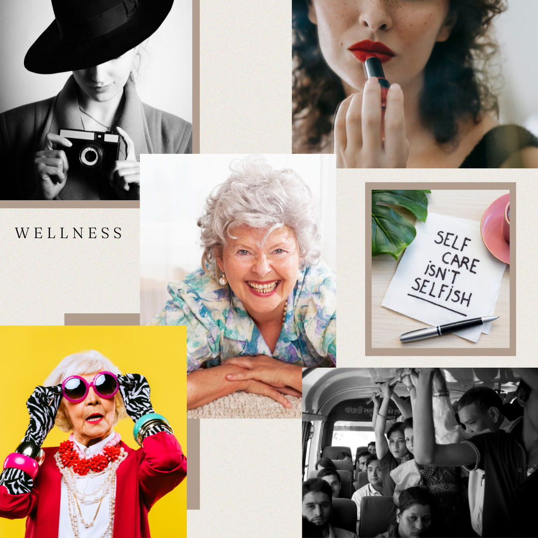 collage of wellness journal theme: red lipstick, vintage clothes, old people smiling, crowded bus